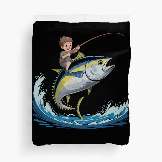 Joyful young boy rides massive jumping tuna Duvet Covers