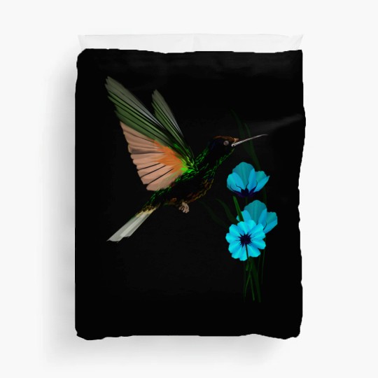 Green Hummingbird-Blue Flowers Duvet Covers