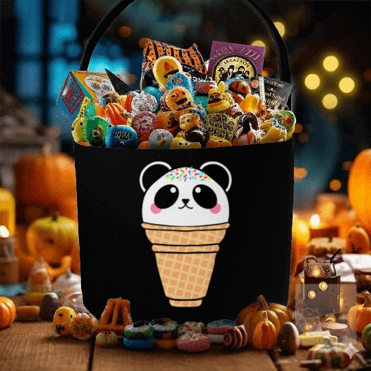 Cute funny sweet Ice cream panda Kawaii cartoon. Fabric Baskets