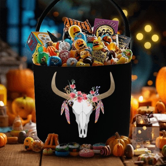 Floral Cow Skull With Feathers Bull Skull Fabric Baskets