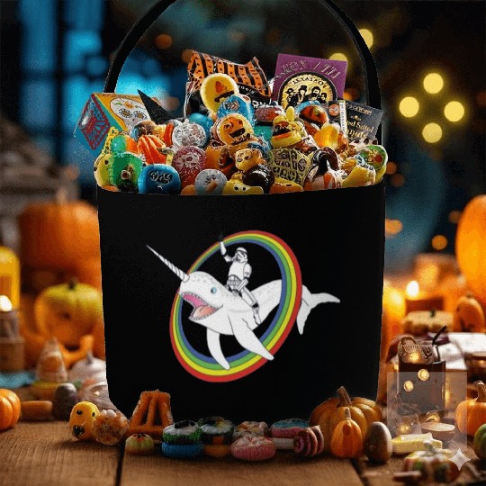 Spaceman riding narwhal through rainbow Fabric Baskets