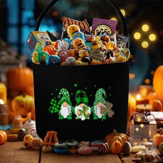 Three Gnomes Holding Shamrock Leopard Plaid Fabric Baskets