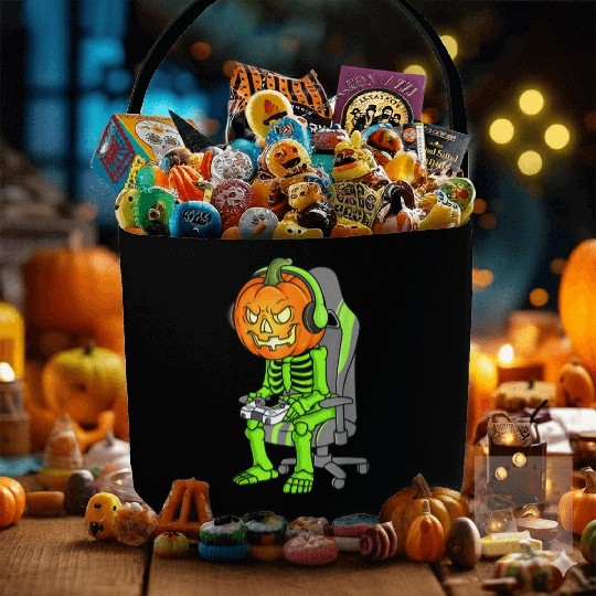 Gaming Halloween Skeleton Jack O Lantern Gamer Boy Fabric Baskets