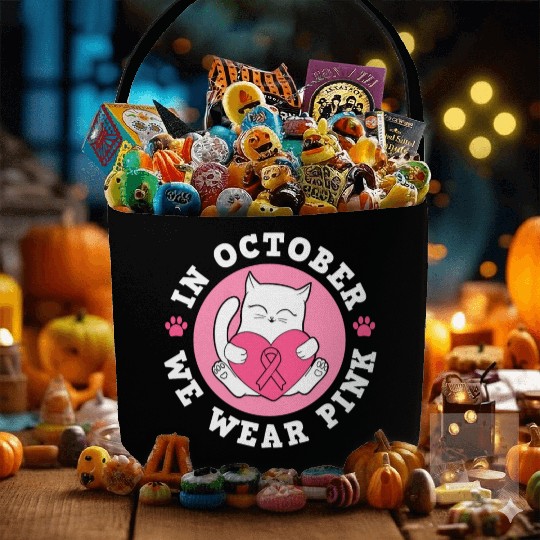 In October We Wear Pink Breast Cancer Warrior Cat Fabric Baskets