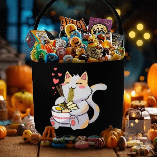 Funny Kawaii Cat Eating Ramen - Kawaii Neko Cat Fabric Baskets
