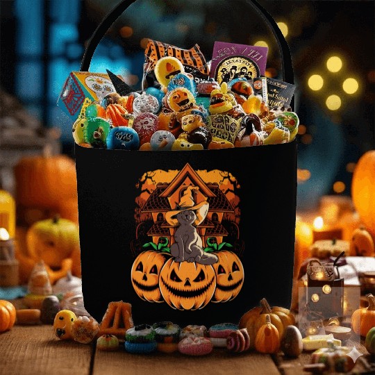 Witch Hat Cat On Creepy Monster Pumkin Faces A Fabric Baskets