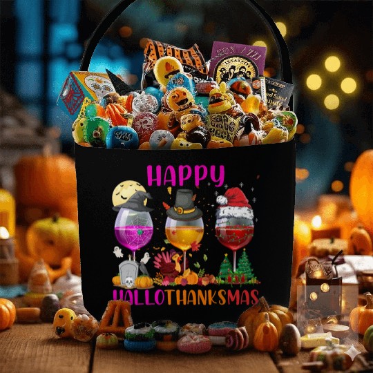 Happy Hallothanksmas Wine Lover Halloween Thankful Fabric Baskets