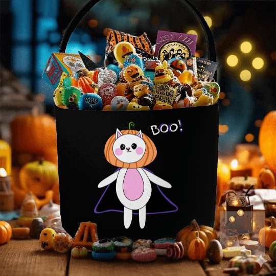 cute cat in halloween melon costume Fabric Baskets