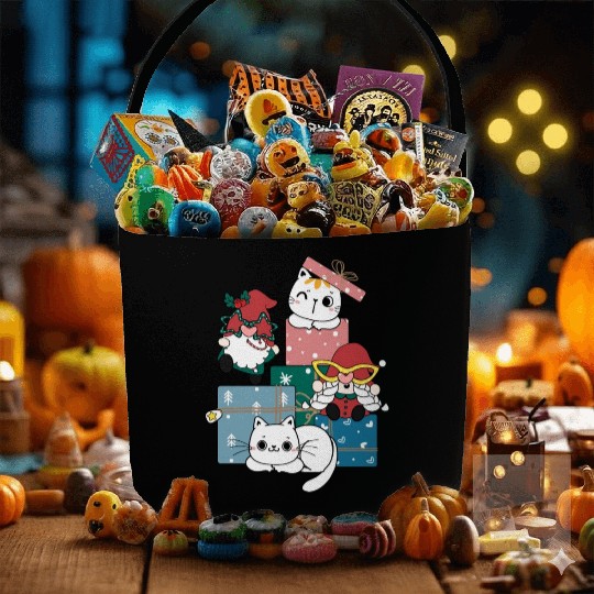 cute gnome and kitty cats on present gift box Fabric Baskets
