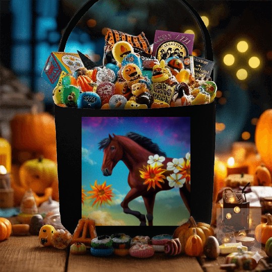 Brown horse with orange white flowers drawing Fabric Baskets