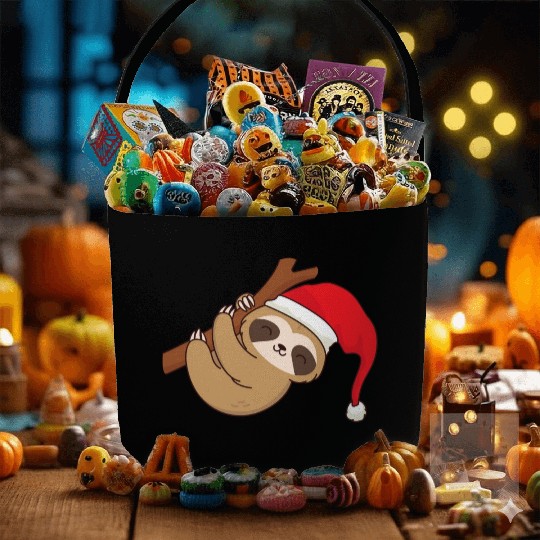 Sloth with Christmas hat hangs chilling on branch Fabric Baskets