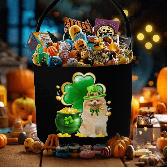 Pomeranian Dog Shamrock St Patricks Day Fabric Baskets