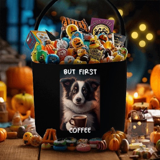 Border Collie - But First Coffee (en) 1 Fabric Baskets