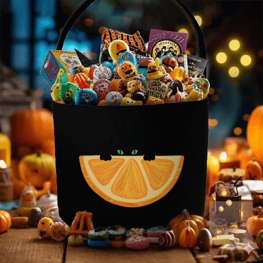 Are You see Me? Black Cat Hiding Behind Orange. Fabric Baskets