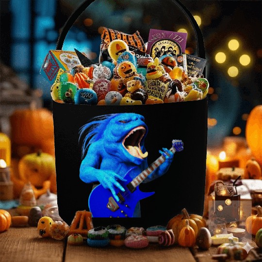 Huge blue creature jamming on an electric guitar. Fabric Baskets