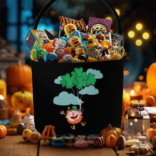 Lerechaun Hanging On Clover Balloons - St Patricks Fabric Baskets