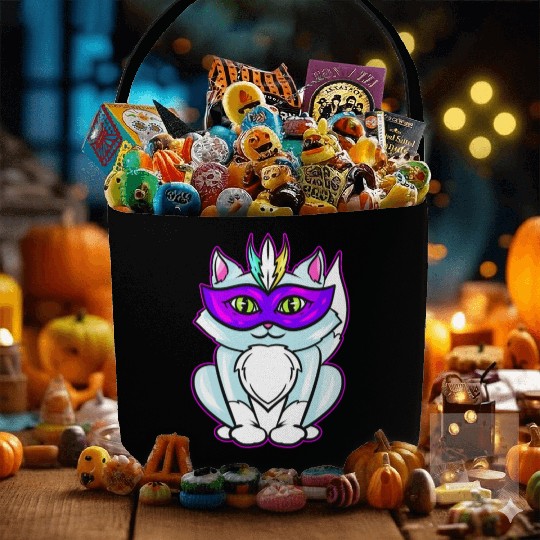 Cute Kawaii Cat With Purple Mask For Mardi Gras Fabric Baskets