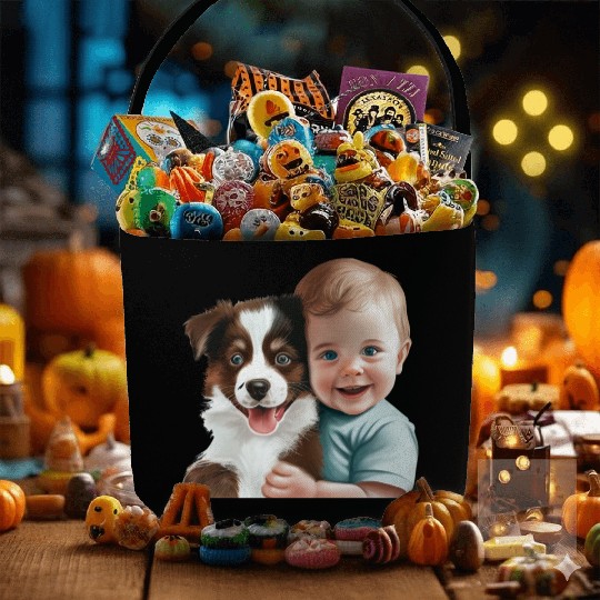 Sweet baby smiling with lovely puppy Fabric Baskets