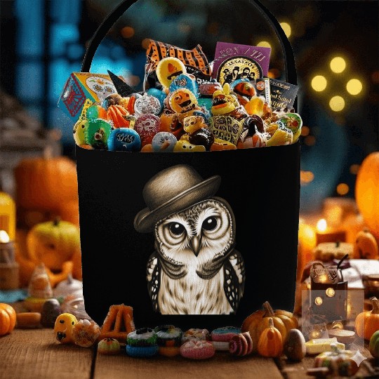 owl wearing derby hat - brown color Fabric Baskets