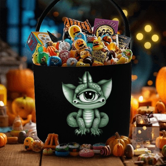 cute adorable one eyed dragon green Fabric Baskets