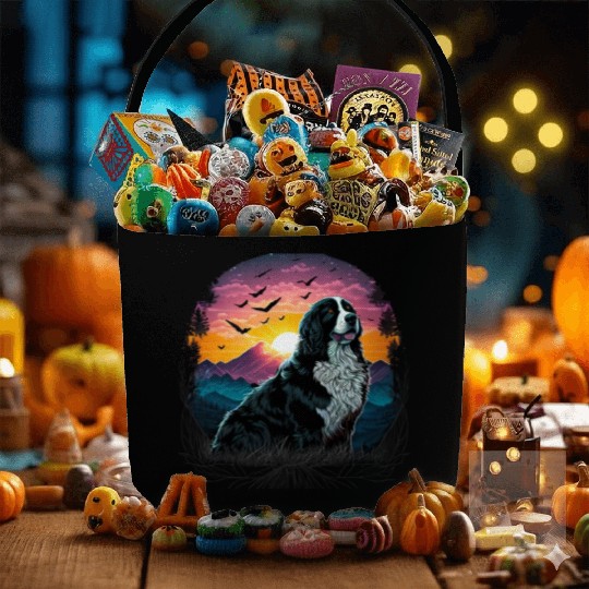 Bernese Mountain Dog with Mountain Sunrise view Fabric Baskets