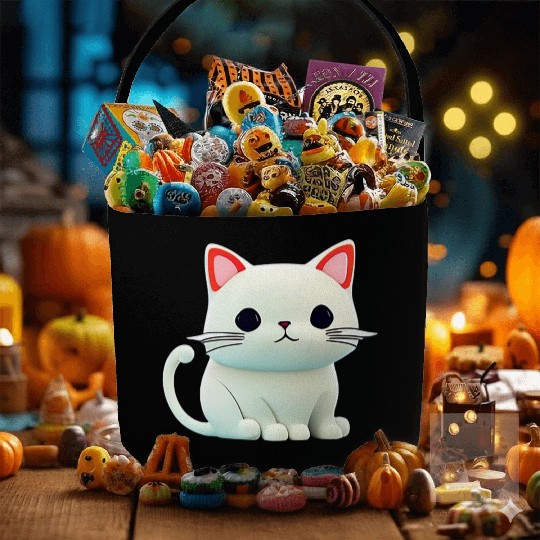 The Feline Fantasy A White Cat Chibi Design Fabric Baskets