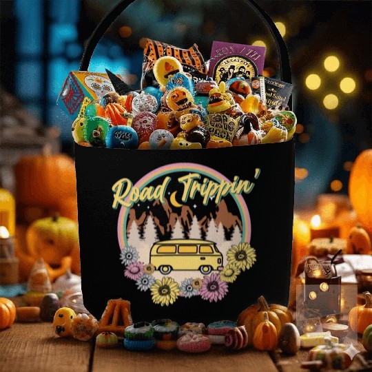 Retro Groovy Road Trip Fabric Baskets with Van Flowers