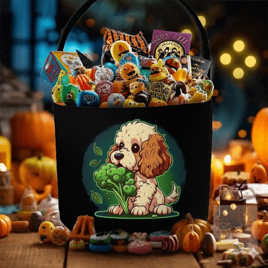 Cute dog eats green broccoli vegetables Fabric Baskets