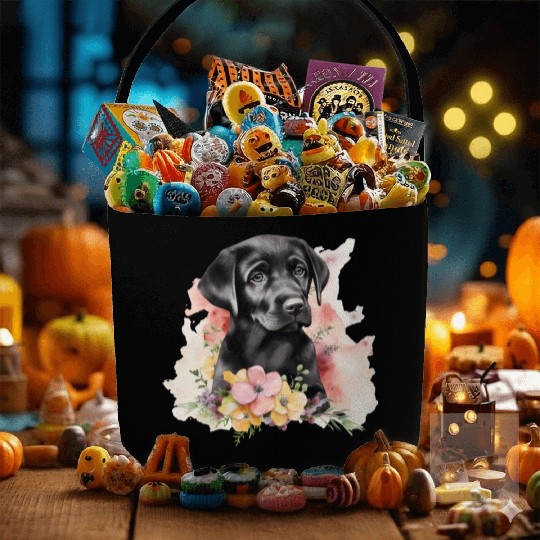 Black Lab Dog Watercolor Floral Fabric Baskets