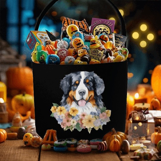 Bernese Mountain Dog Watercolor Floral Fabric Baskets