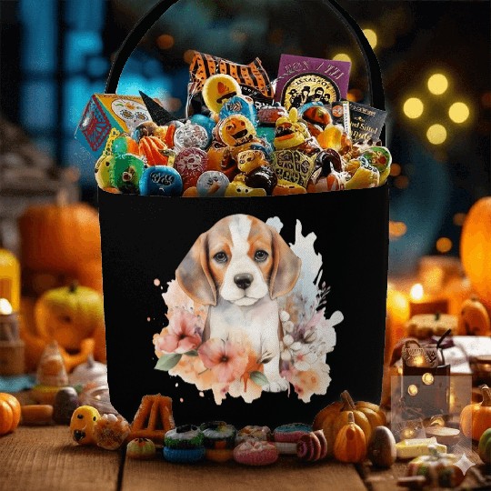 Beagle Puppy Dog Watercolor Floral Fabric Baskets