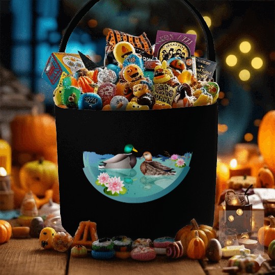 Duck couple in a duck pond with water lilies Fabric Baskets