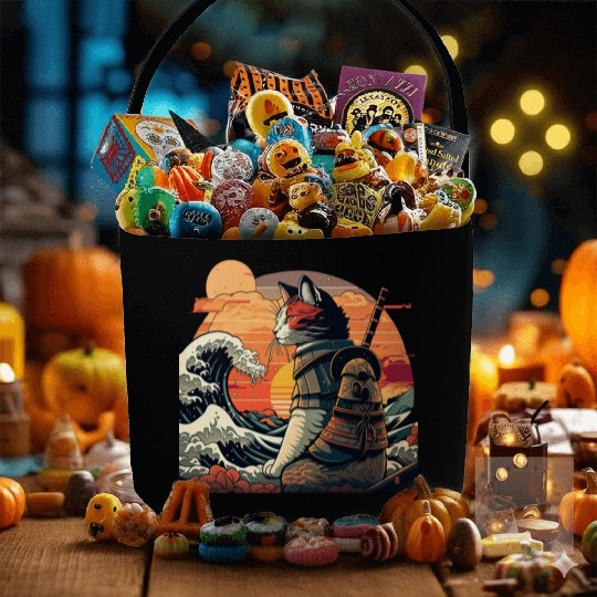 Retro samurai cat The Great Wave Hokusai Fabric Baskets