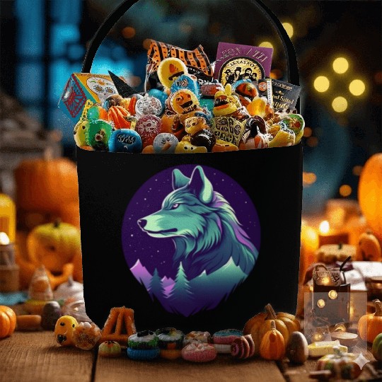Starry Night Wolf With Northern Light Colors Fabric Baskets