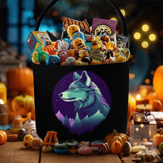 Starry Night Wolf With Northern Light Colors Fabric Baskets