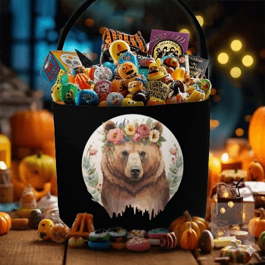 Cute Brown Bear Grizzly Flower Crown Animal Lovers Fabric Baskets
