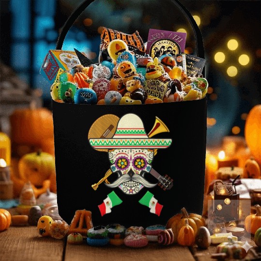 Sugar Skull Guitar & Sombrero Mexican Fiesta Fabric Baskets