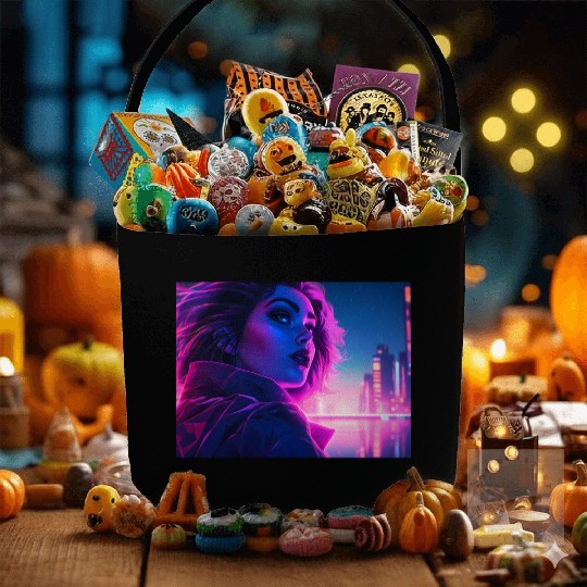 Synthwave girl in front of a neon light city Fabric Baskets