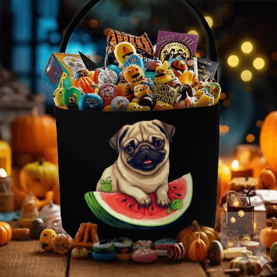 Pug with Melon, Funny Summer Design for Dog Lovers Fabric Baskets
