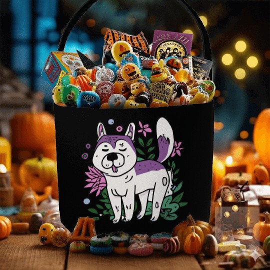 Husky With Plants And Flowers Dog Lover Malamute Fabric Baskets