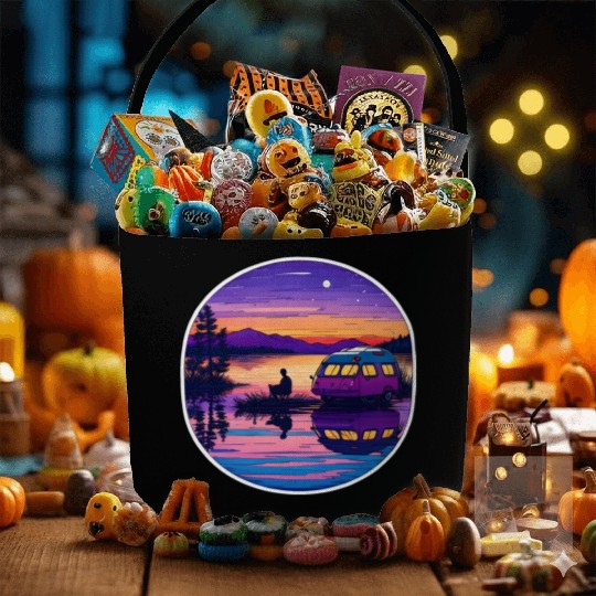 A Camper Enjoying A Peaceful Lakeside Fabric Baskets