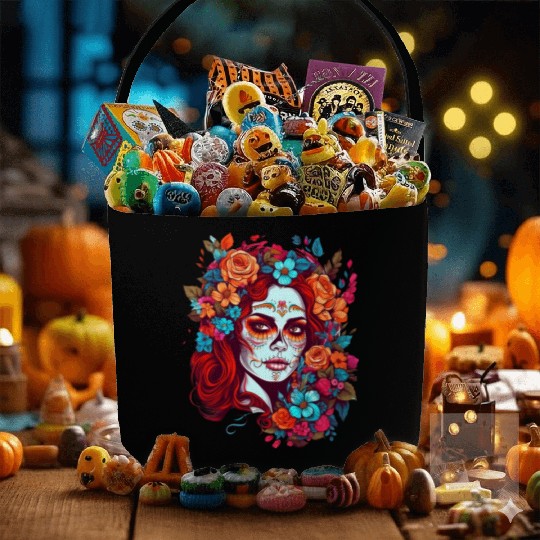 Dia de los muertos woman sugar skull with flowers Fabric Baskets