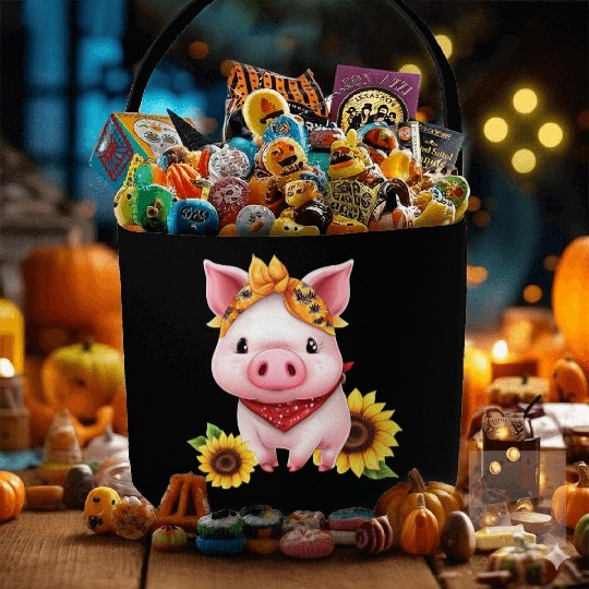 Pig with Bandana and Sunflower, Charming Farm Fabric Baskets