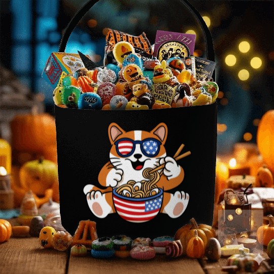 American Flag Cat Eating Ramen Food Lover Design Fabric Baskets