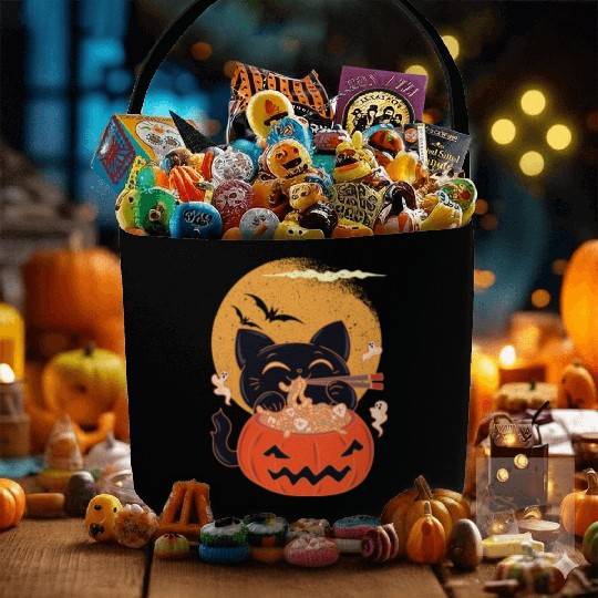 Kawaii Creepy Cat Eating Ramen Noodles Halloween Fabric Baskets