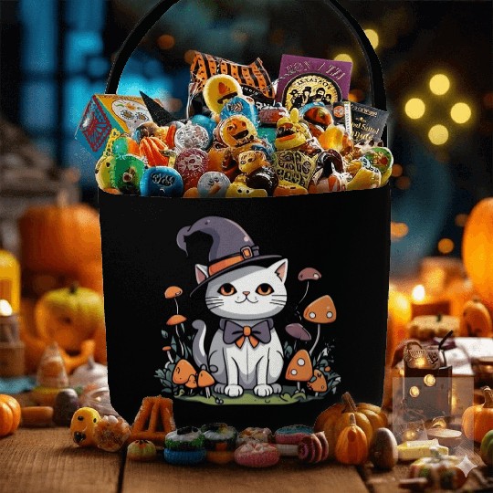 Whimsical Witch Cat with Mushrooms Fabric Baskets