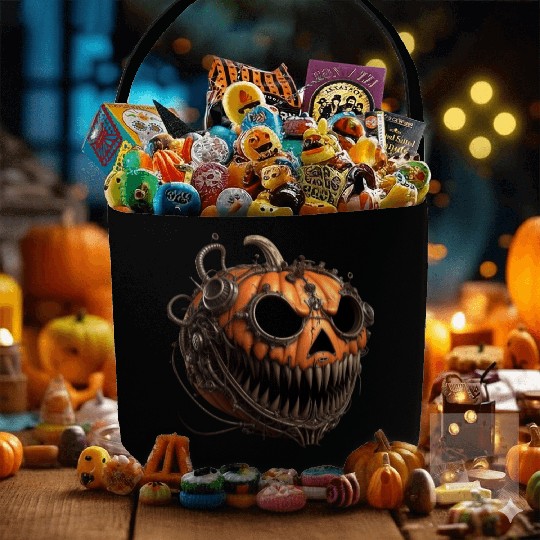 creepy steampunk pumpkin with sharp teeth Fabric Baskets