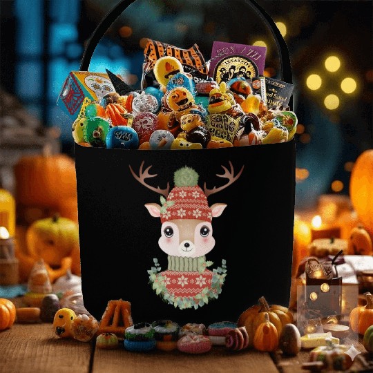 cute deer with sweater and Christmas wreath Fabric Baskets