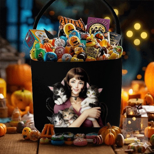 Pretty Cat Lady with Cute Kittens Fabric Baskets