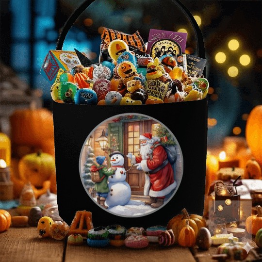 Santa Claus and a snowman distributes gifts. Fabric Baskets